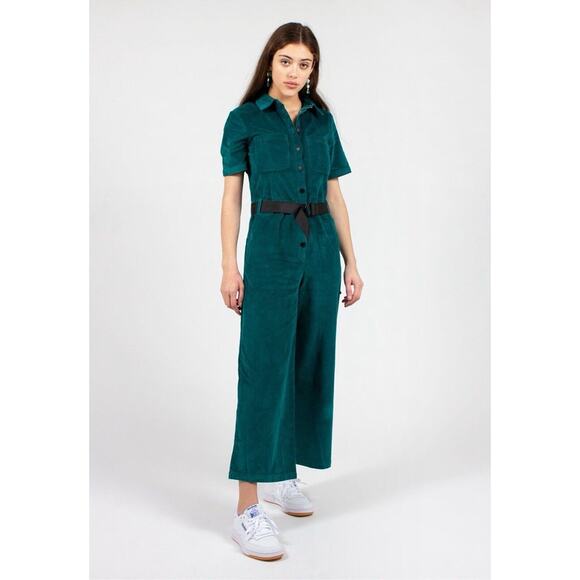 LAZY OAF Green Corduroy Wide Crop Leg Boilersuit Jumpsuit - Sz 6 - Picture 2 of 11